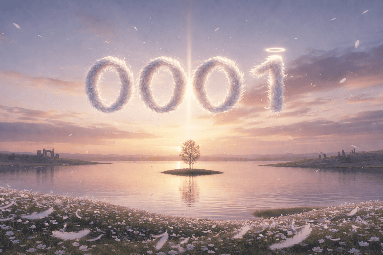 0001 angel number meaning floating above a serene lake at sunset, symbolizing new beginnings and spiritual m.