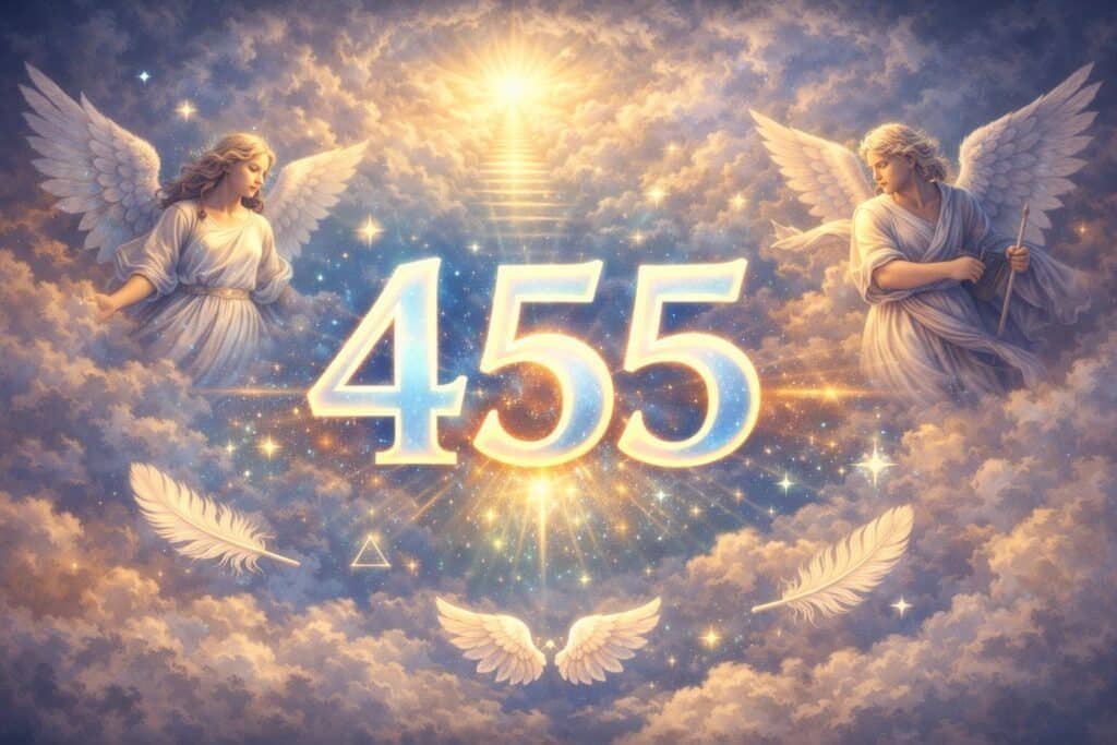 Meaning of 455 Angel number surrounded by angels and feathers in a heavenly sky scene.