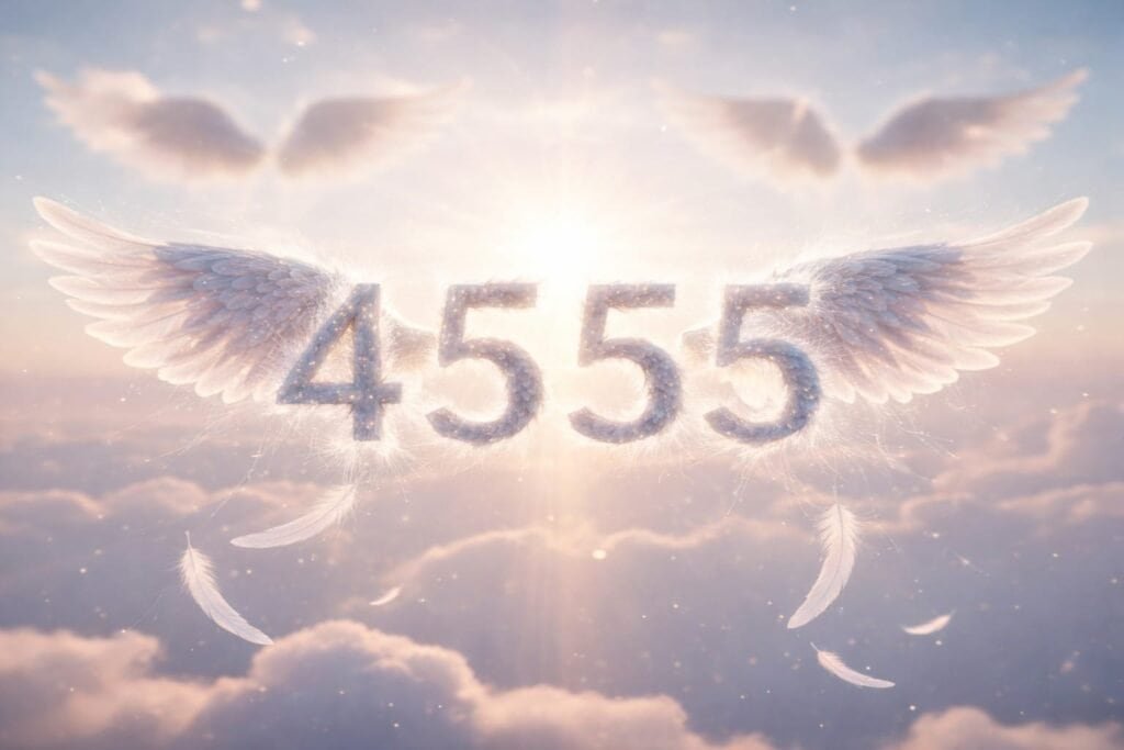 4555 Angel number with wings and feathers symbolizing spiritual guidance and divine messages.