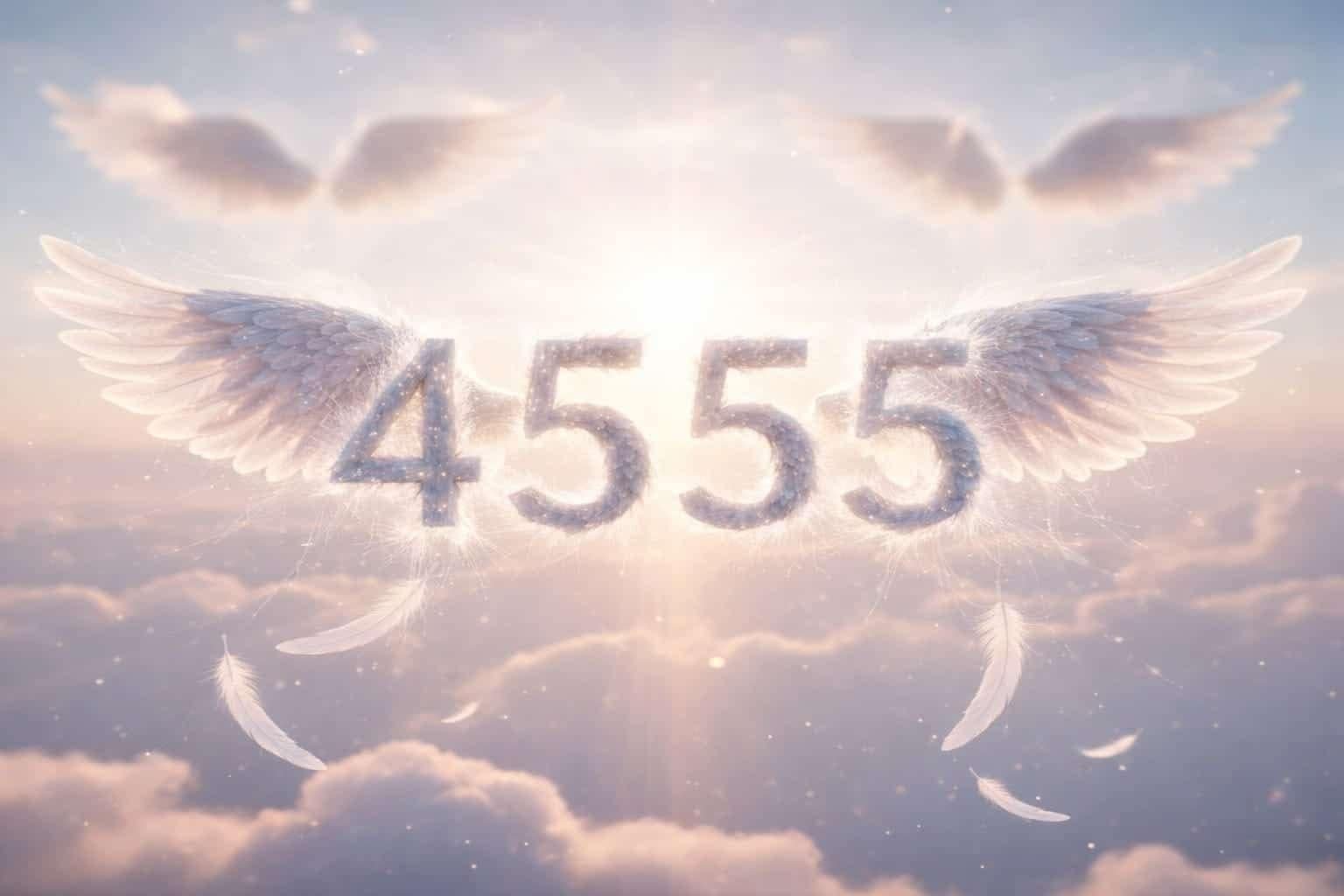 4555 Angel number with wings and feathers symbolizing spiritual guidance and divine messages.