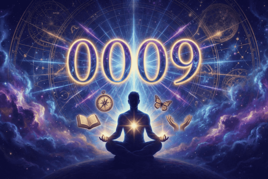 0009 angel number with spiritual symbols for guidance and enlightenment.