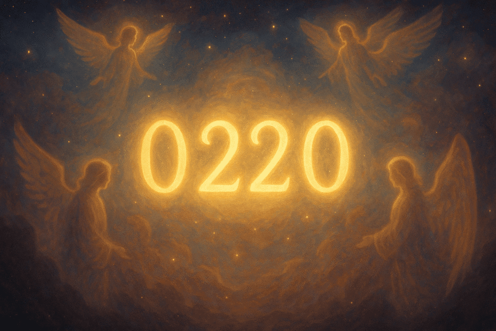 0220 angel number meaning glowing with angels and spiritual energy, symbolizing divine guidance and spiritua.