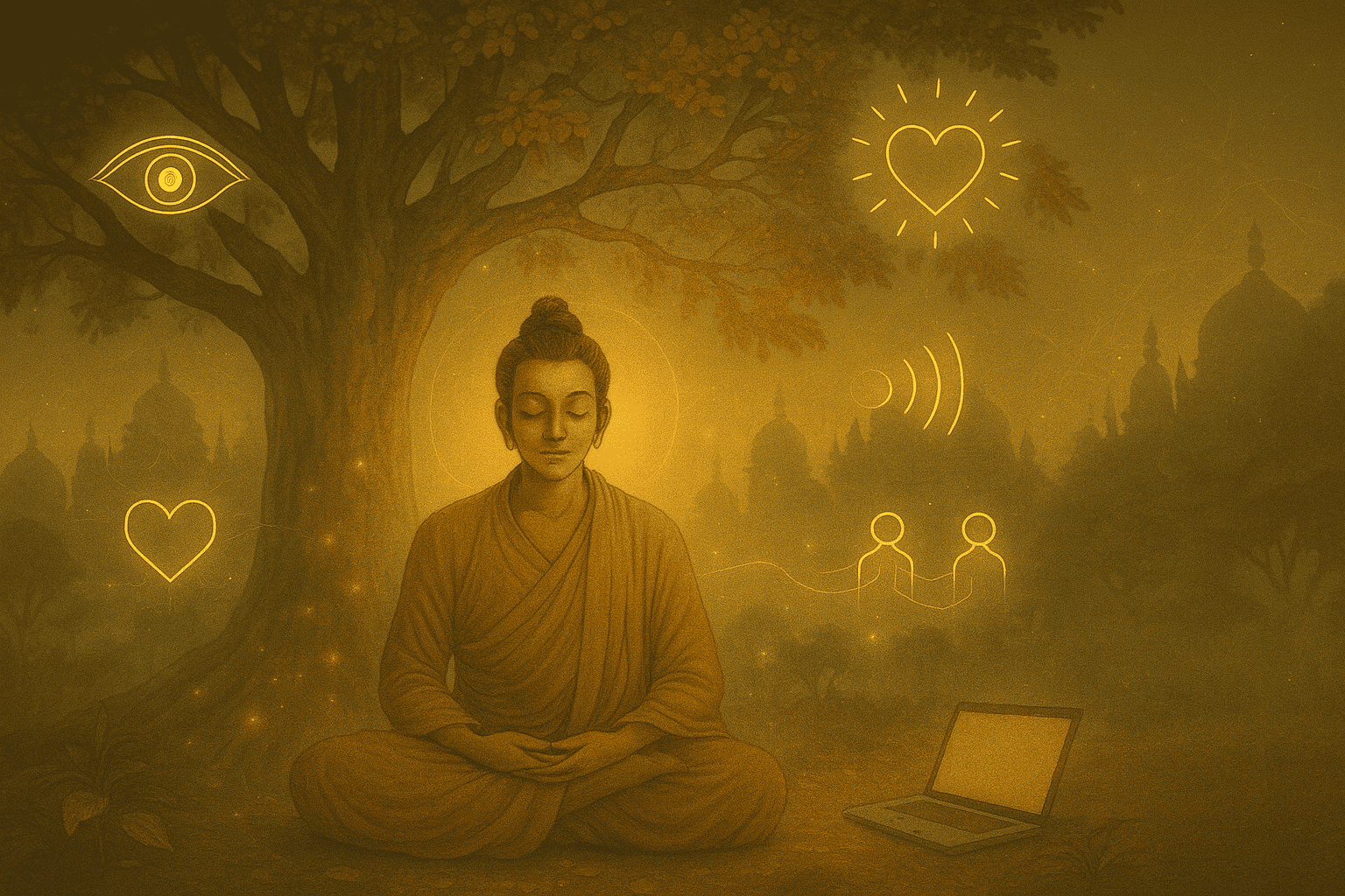Psychic Meaning Meditative woman under a tree with spiritual symbols and glowing aura, representing Indian spiritual.