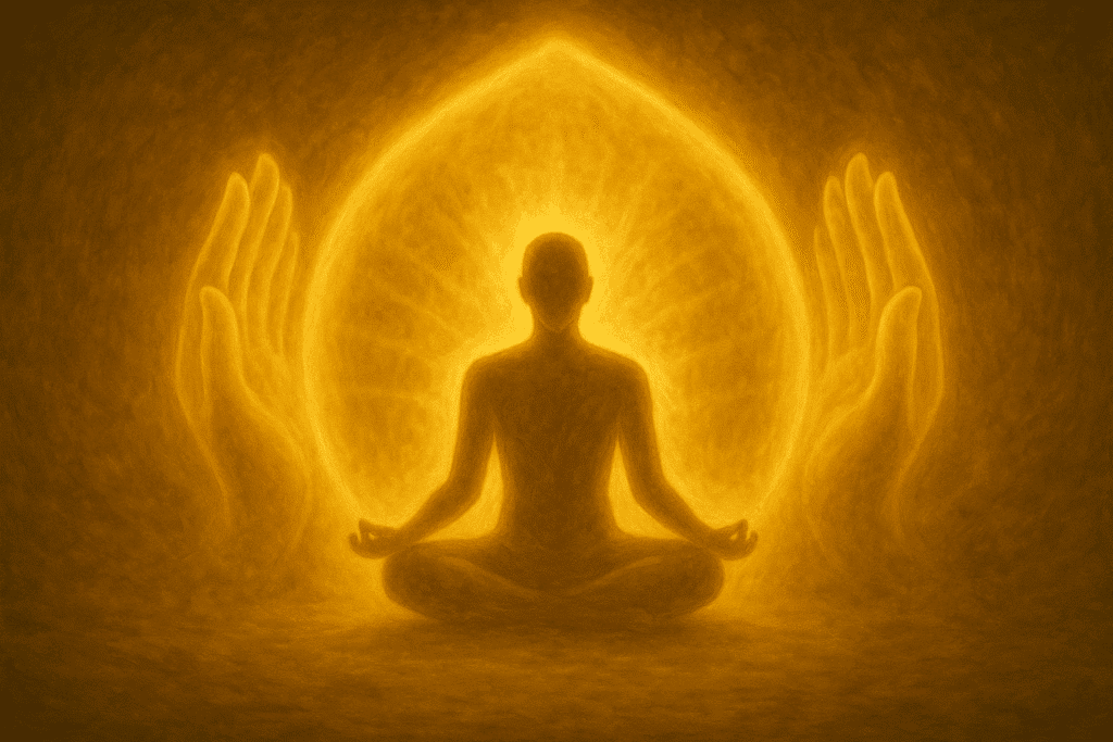 Meditating figure with protective energy aura, symbolizing spiritual awareness.