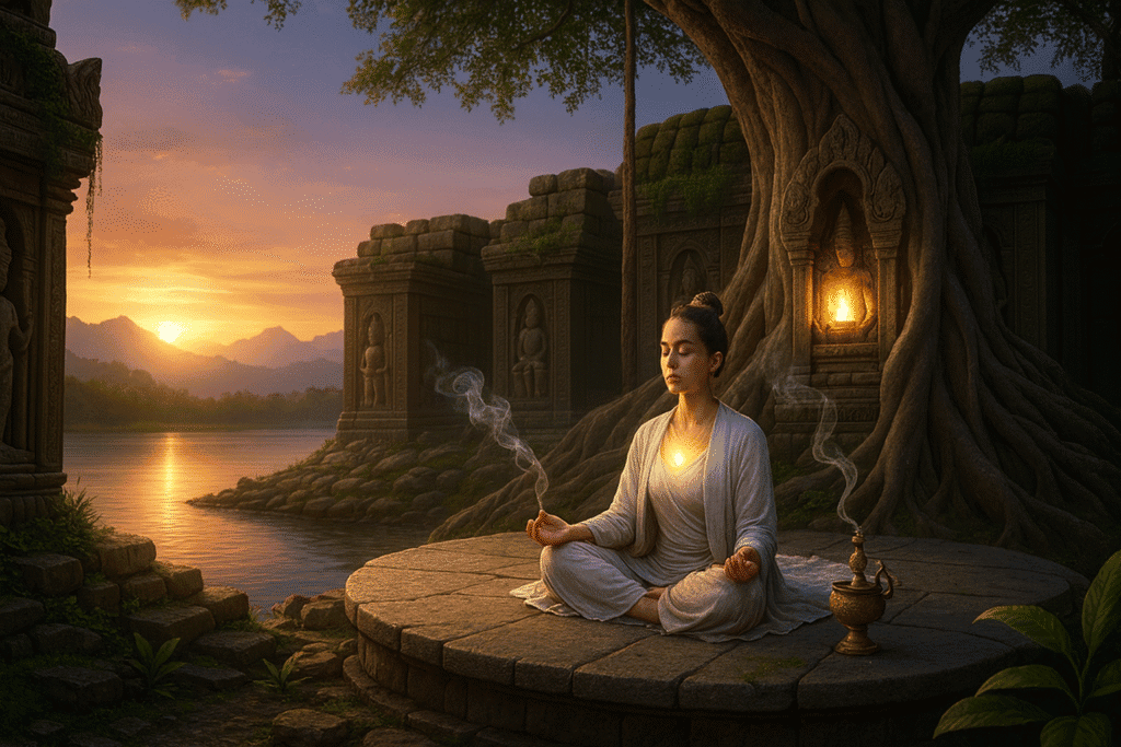 Psychic meaning Ancient Indian spiritual practice of meditation beneath a sacred tree at sunset.