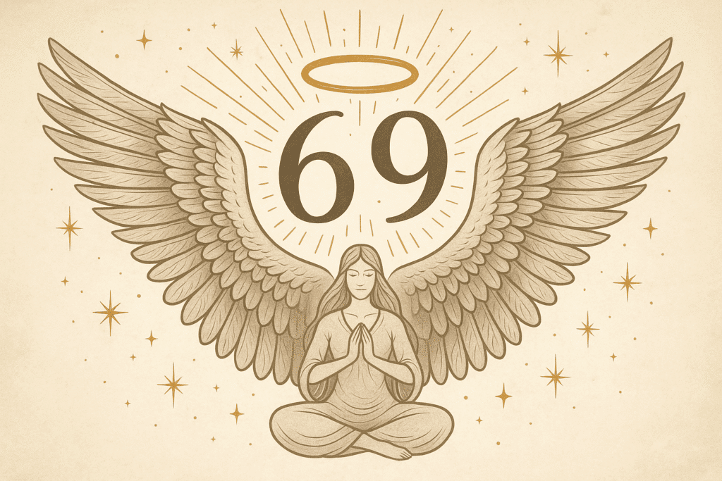 Angel Number 69 with angel wings and meditating angel figure for spiritual insight.