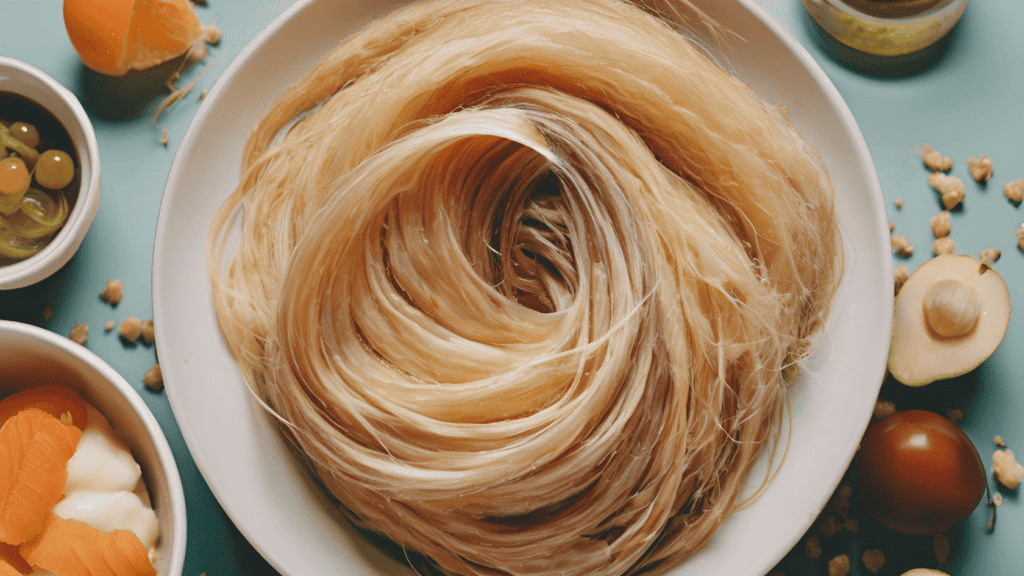Close-up of hair in food with spiritual symbolism background.