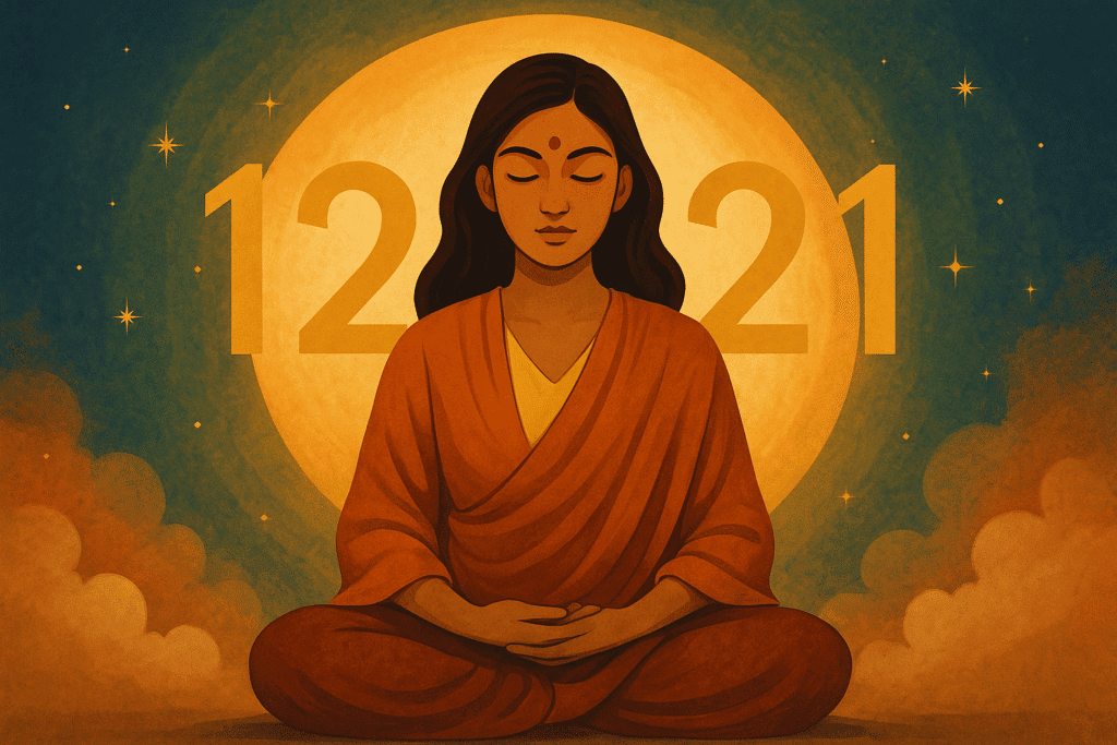 Woman meditating with 1221 angel number in background, spiritual guidance, Indian seeker.