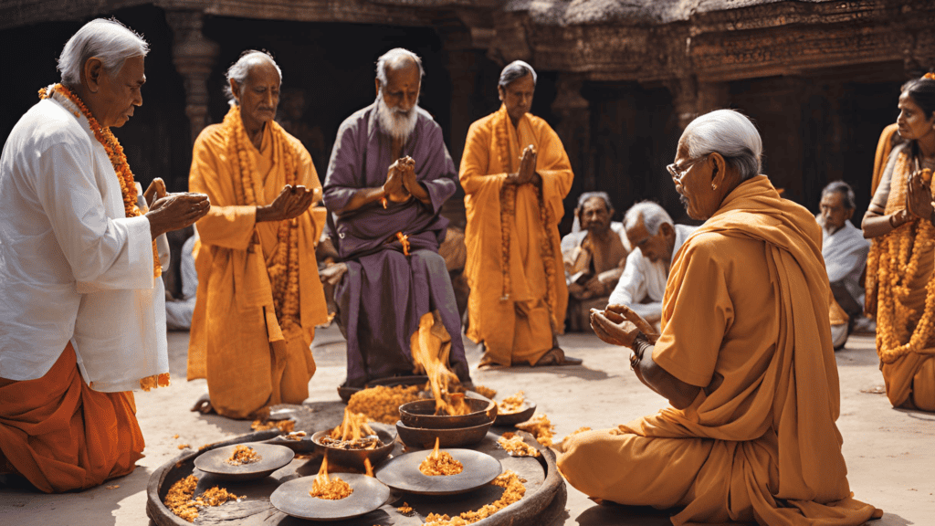 Devotees performing sacred Pitralok ritual with fire offerings in a temple setting.