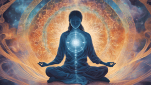 Woman meditating with glowing energy centers and cosmic background.
