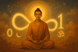 Meditative figure with angel number 0101 and divine symbols for spiritual awakening.