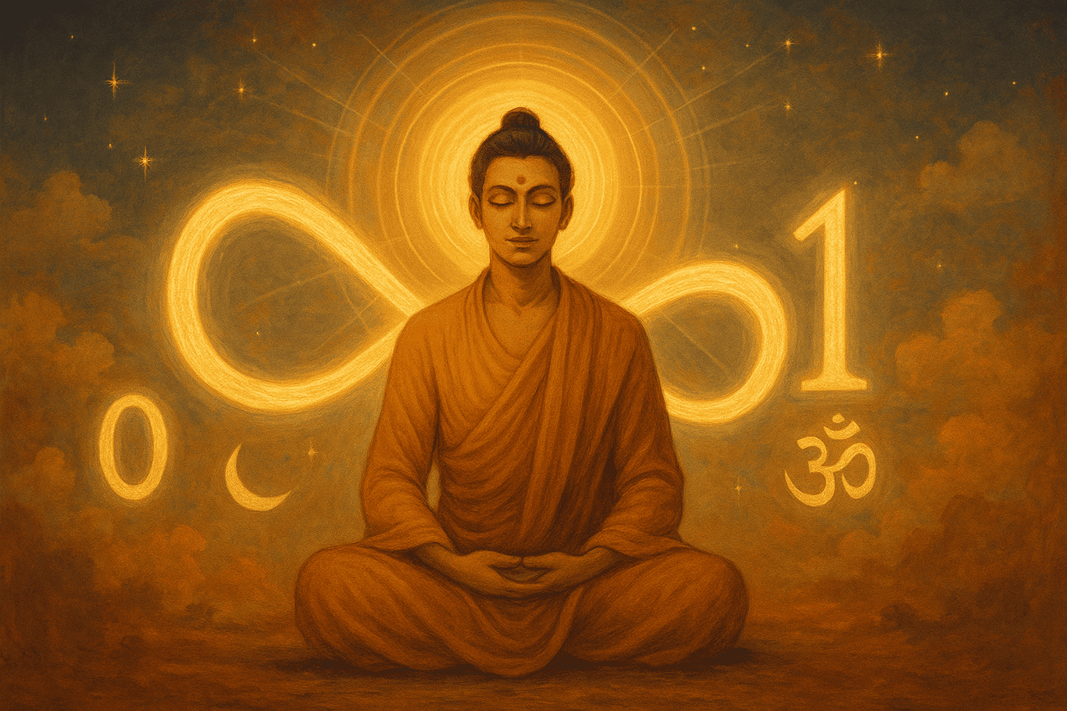 Meditative figure with angel number 0101 and divine symbols for spiritual awakening.