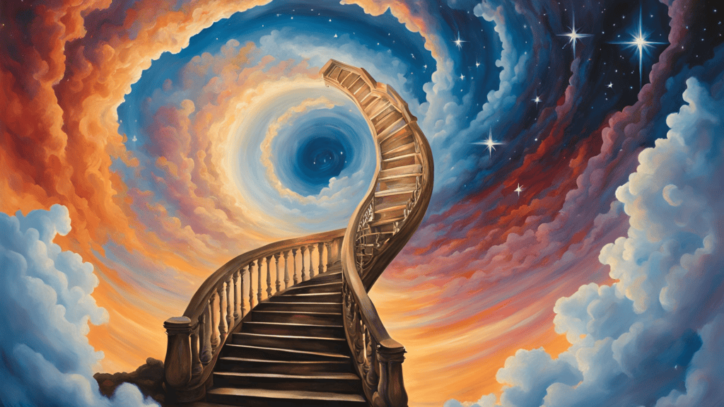 Akashic Records Reading Artistic depiction of a staircase leading to a cosmic vortex, symbolizing spiritual journeys and Aka.
