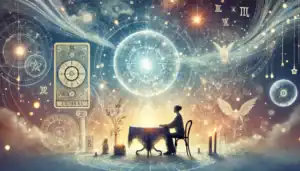 Psychic medium Daksh performing spiritual reading with celestial symbols and mystical energy.