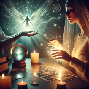 Spiritual medium performing psychic reading with angelic energy visualization.