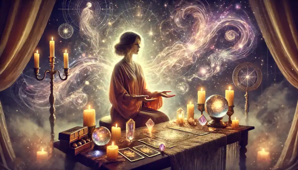 Woman performing a psychic reading with mystical symbols and candles.