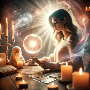 Mystic woman reading tarot cards surrounded by candles and mystical orbs, embodying spiritual guidan.