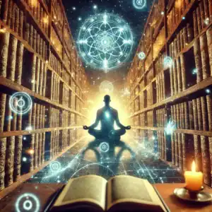Meditation in a mystical library with glowing symbols and books.