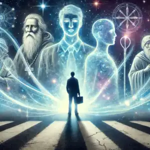 Spiritual psychic medium Daksh with spirit guides and cosmic symbols in a mystical setting.