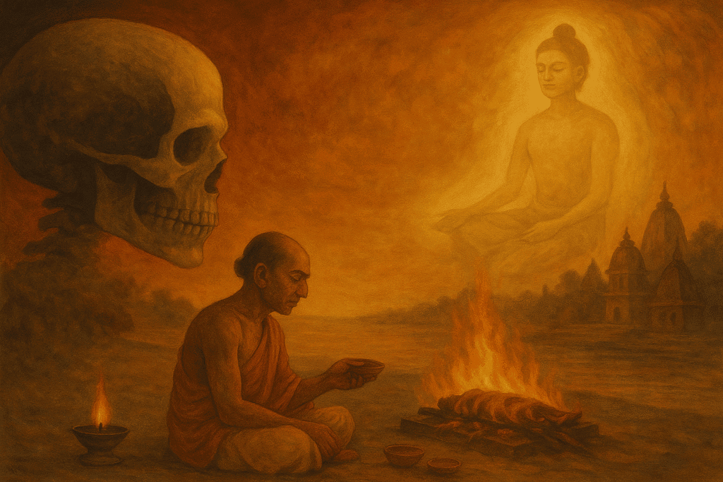 Hindu spiritual scene with skull, meditating monk, sacred fire, and divine presence.