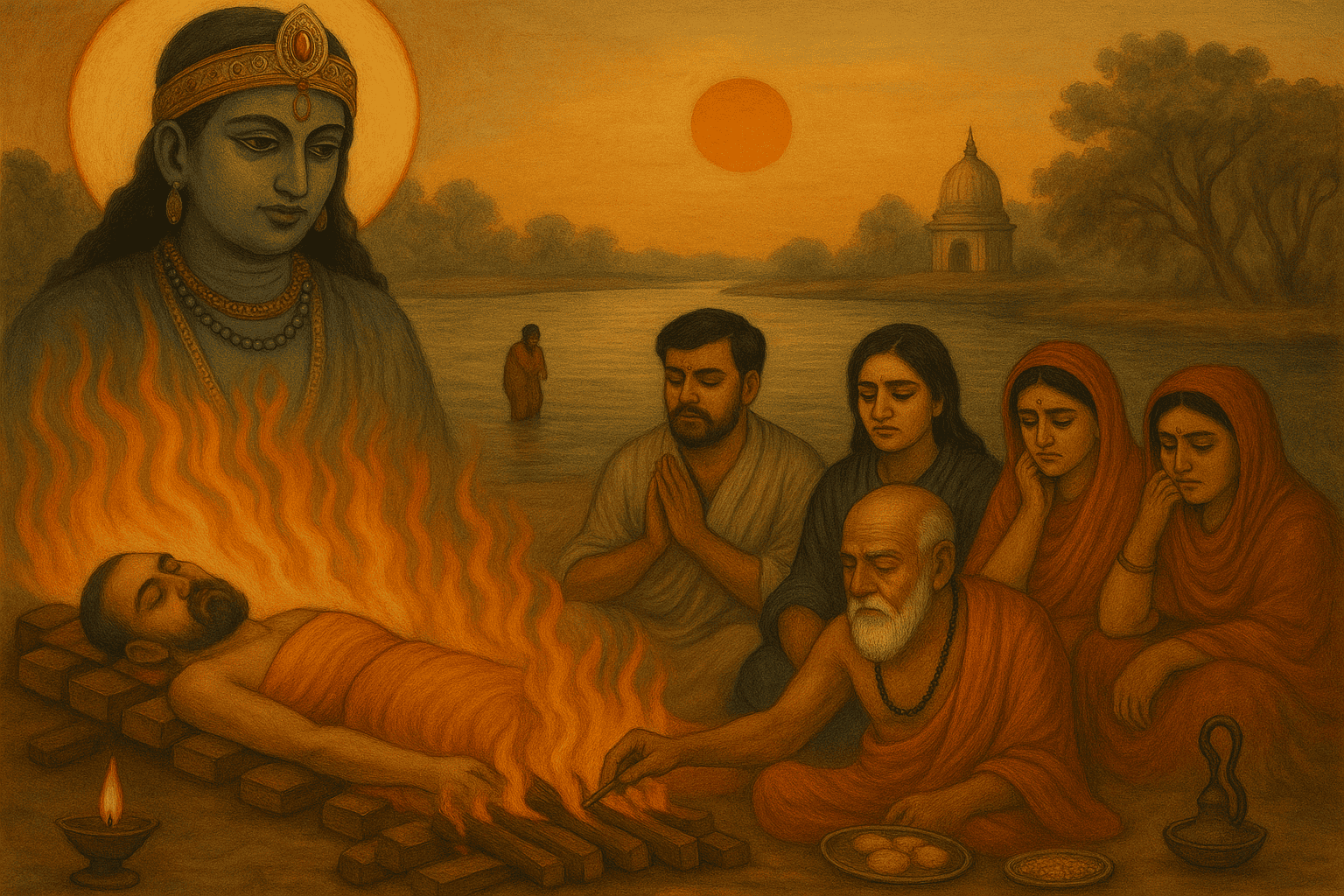Hindu funeral ritual with fire and prayers for the soul's journey.