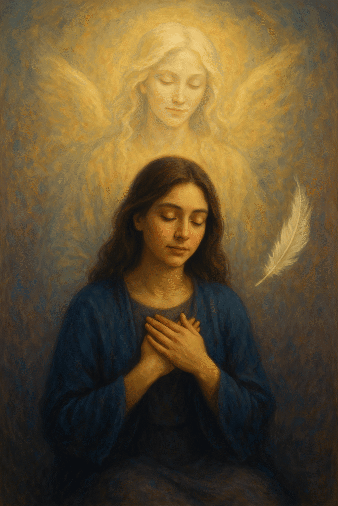 Woman in prayer with spiritual angel guiding her, symbolizing spirit guides helping you.