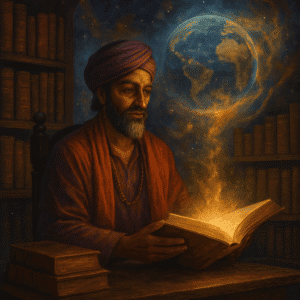 Mystic sage reading an ancient book with glowing energy and cosmic background.