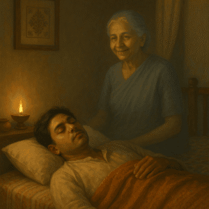 Elderly woman and young man during spiritual healing session at home.