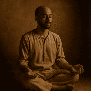 Man meditating in a peaceful, dimly lit room for spiritual connection.
