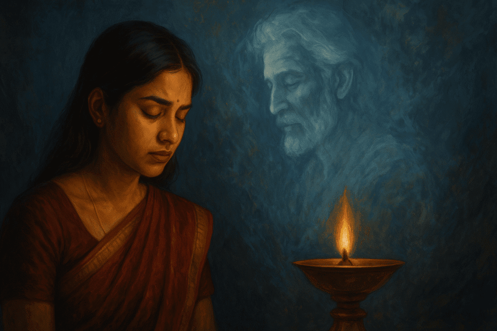 Woman meditating with spiritual energy and karma connection in a mystical setting.