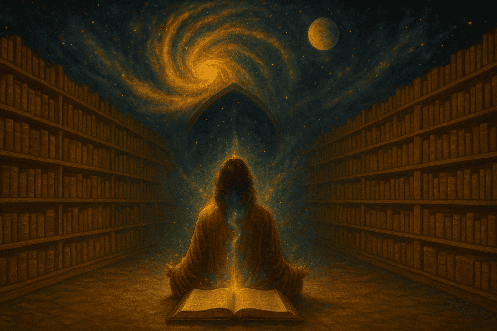 Woman exploring the Akashic Records in a cosmic library setting.