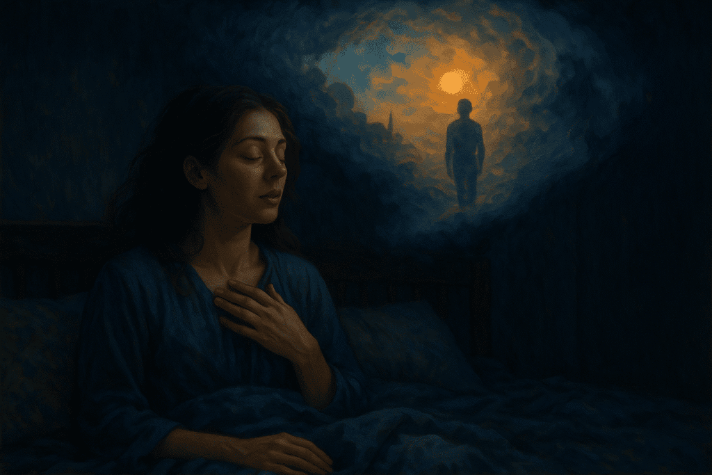 Woman experiencing a spiritual dream with a glowing figure in the background.
