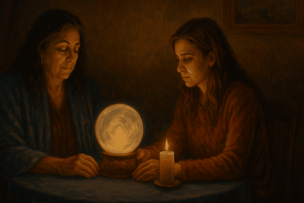 Two women in a spiritual reading with a glowing crystal ball and candlelight.