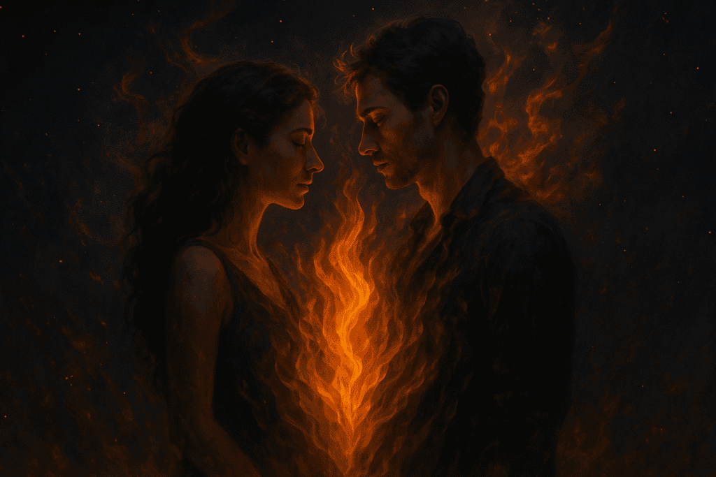 Intimate depiction of twin flames with fiery energy between them. Akashic Reading for Love Problems