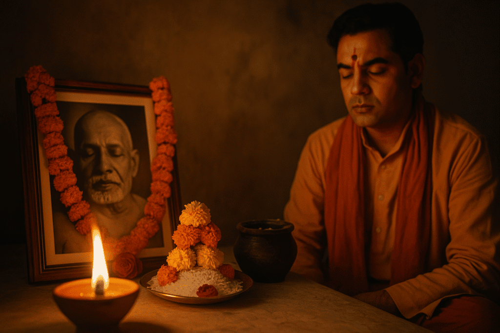 Hindu death ritual with priest, photo of deceased, and offerings for spiritual connection.