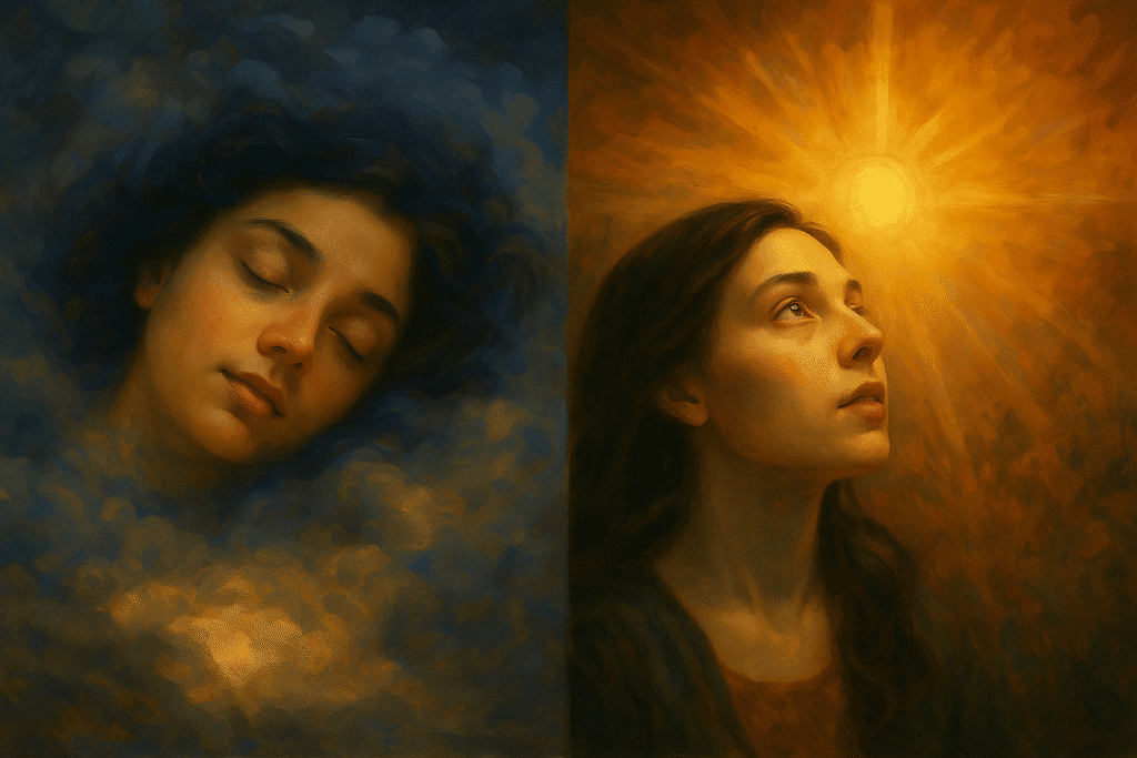 Artistic depiction of a woman dreaming and a woman experiencing a vision with spiritual light.