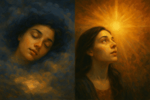 Artistic depiction of a woman dreaming and a woman experiencing a vision with spiritual light.