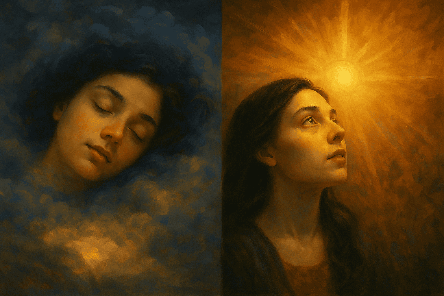 Artistic depiction of a woman dreaming and a woman experiencing a vision with spiritual light.