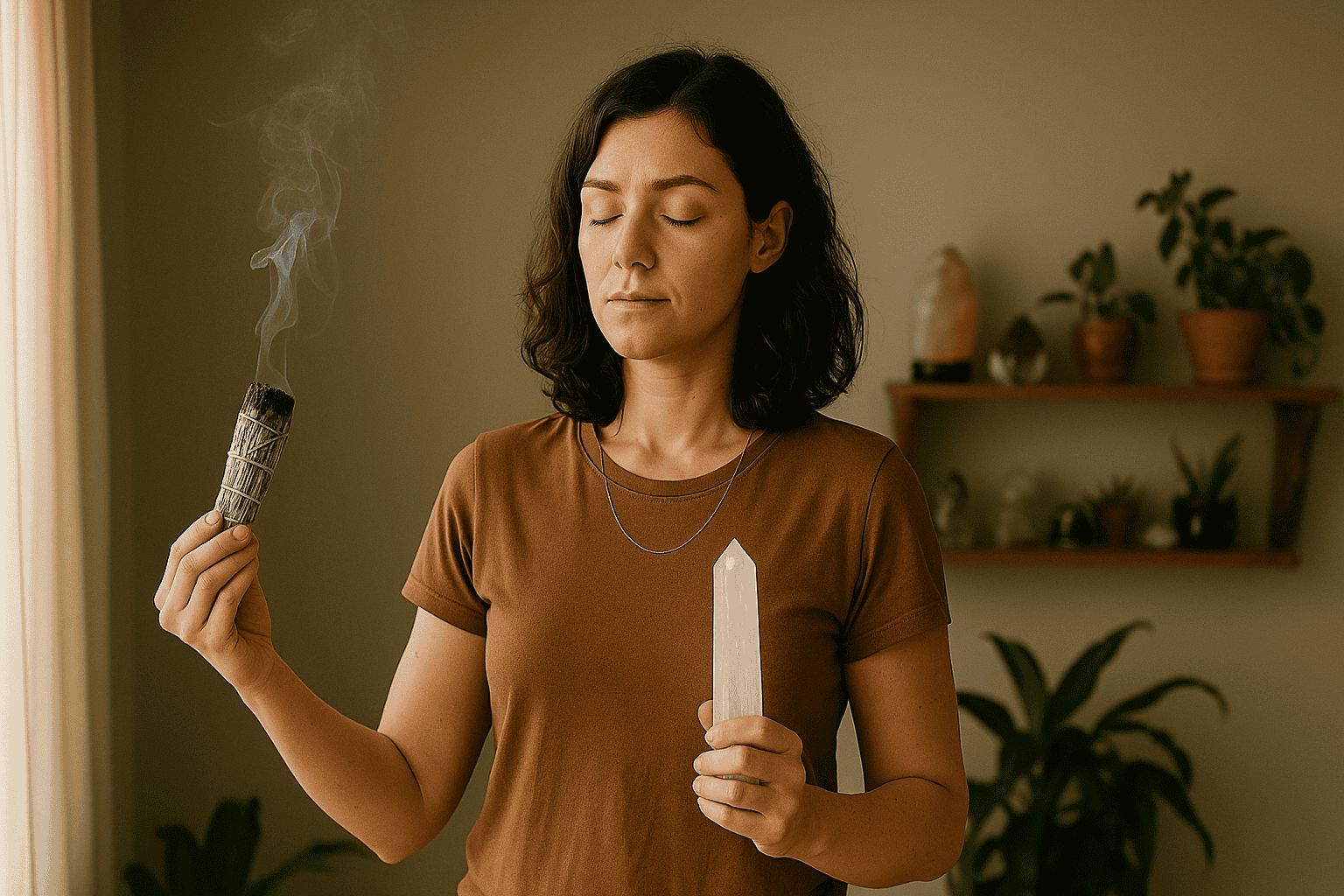Woman performing a spiritual energy cleansing with sage and crystal for removing negative energy.