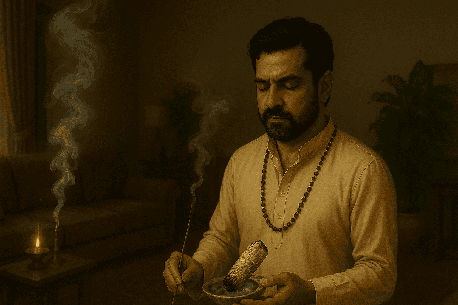 Psychic medium Daksh performing spiritual cleansing to remove negative energy from home.