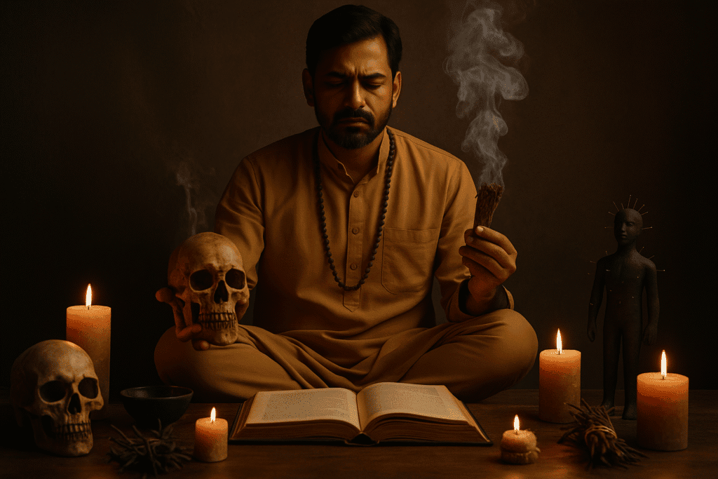 Spiritual healer performing ritual to remove black magic and protect energy.