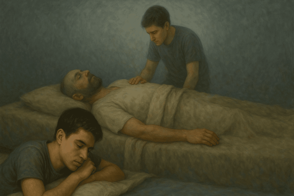 Dreaming of a deceased person lying down, symbolizing spiritual messages and subconscious reflection.