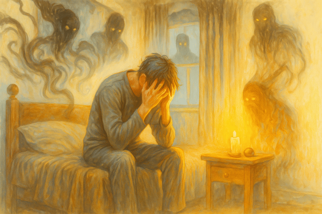 Man distressed by dark spirits and negative energy signs of black magic.