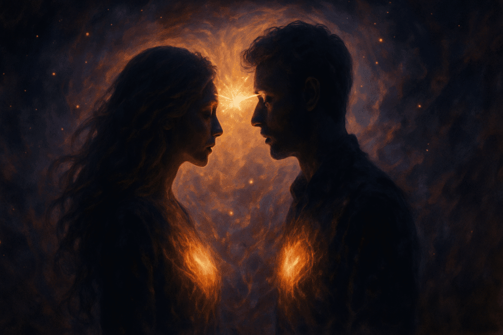 Twin flames communicating telepathically in a cosmic setting.