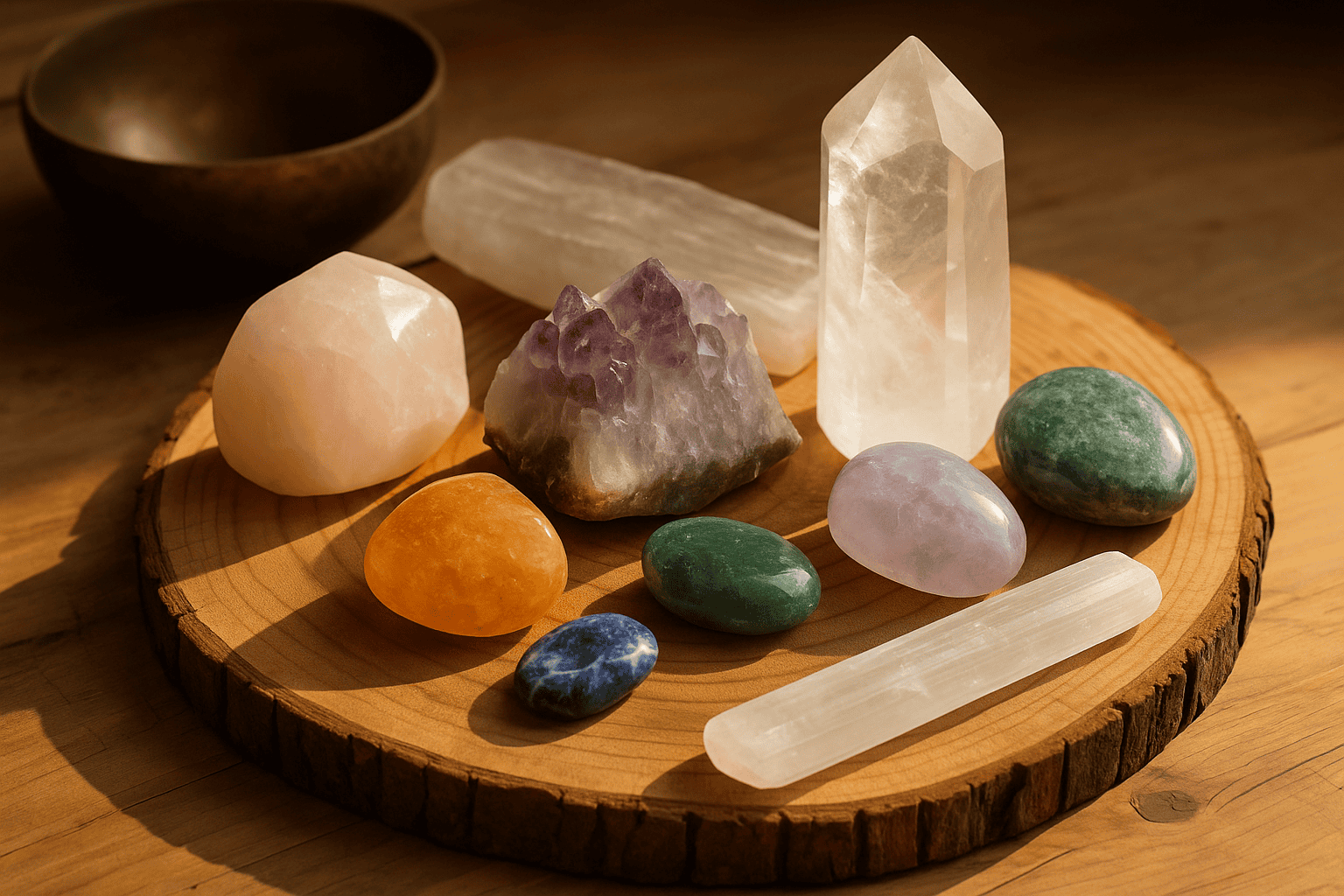 Collection of healing crystals and stones for charging and spiritual energy enhancement.