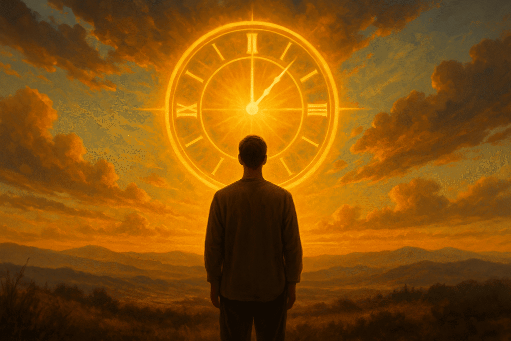 Man facing a glowing clock in the sky symbolizing divine timing and spiritual alignment.