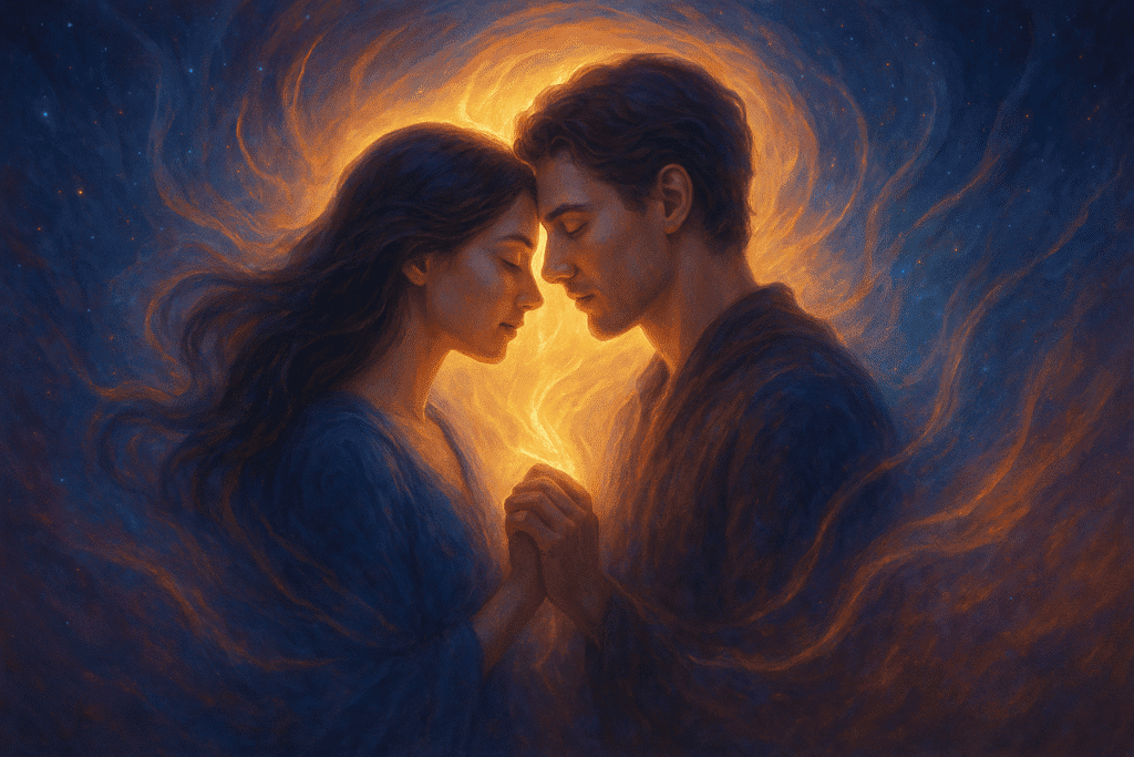 Artistic depiction of a twin flame couple in spiritual connection with glowing aura.