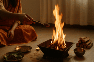 Sacred havan fire ritual performed at home for spiritual growth and positive energy.