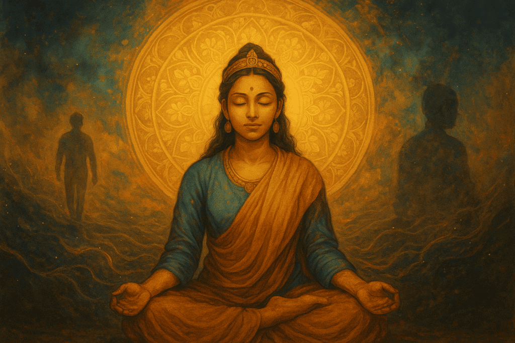 Karma Healing | Meditative woman practicing karma and past life healing for spiritual balance.