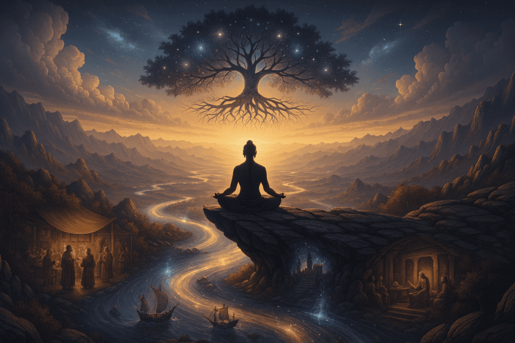 Meditative figure under a tree of life symbolizes spiritual growth and past life karma awareness.